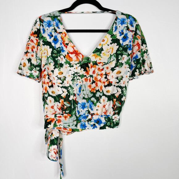 Zara Floral Cropped Wrap Side Tie Top Blouse Small S Green Orange Short Sleeve - Picture 2 of 12